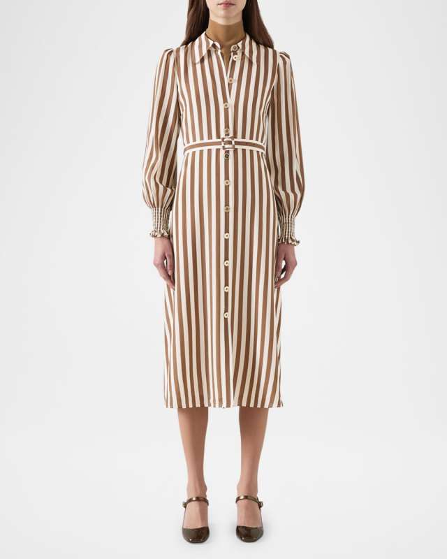Emelia Striped Blouson-Sleeve Midi Shirtdress